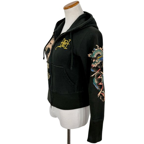 Vtg Y2K Ed Hardy Black Dragon Geisha Graphic Zip Up Hoodie | Grunge Streetwear S - Picture 5 of 13